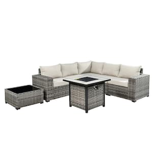 Moonriver 7-Piece Wicker Outdoor Patio Fire Pit Conversation Sectional Sofa Set with Beige Cushions