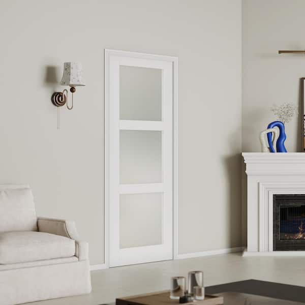 TENONER 30 in. x 80 in. 3-Lite White MDF Tempered Frosted Glass Single Sliding Pocket Door Frame With Hardware Kit