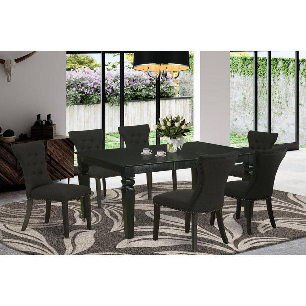 7-Piece Black Finish Solid Wood Top Dining Table with 6-Chairs with Butterfly Leaf Lattice Back
