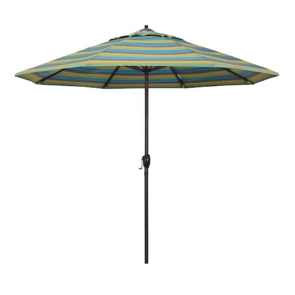 California Umbrella 9 ft. Bronze Aluminum Market Auto-tilt Crank Lift Patio Umbrella in Astoria Lagoon Sunbrella
