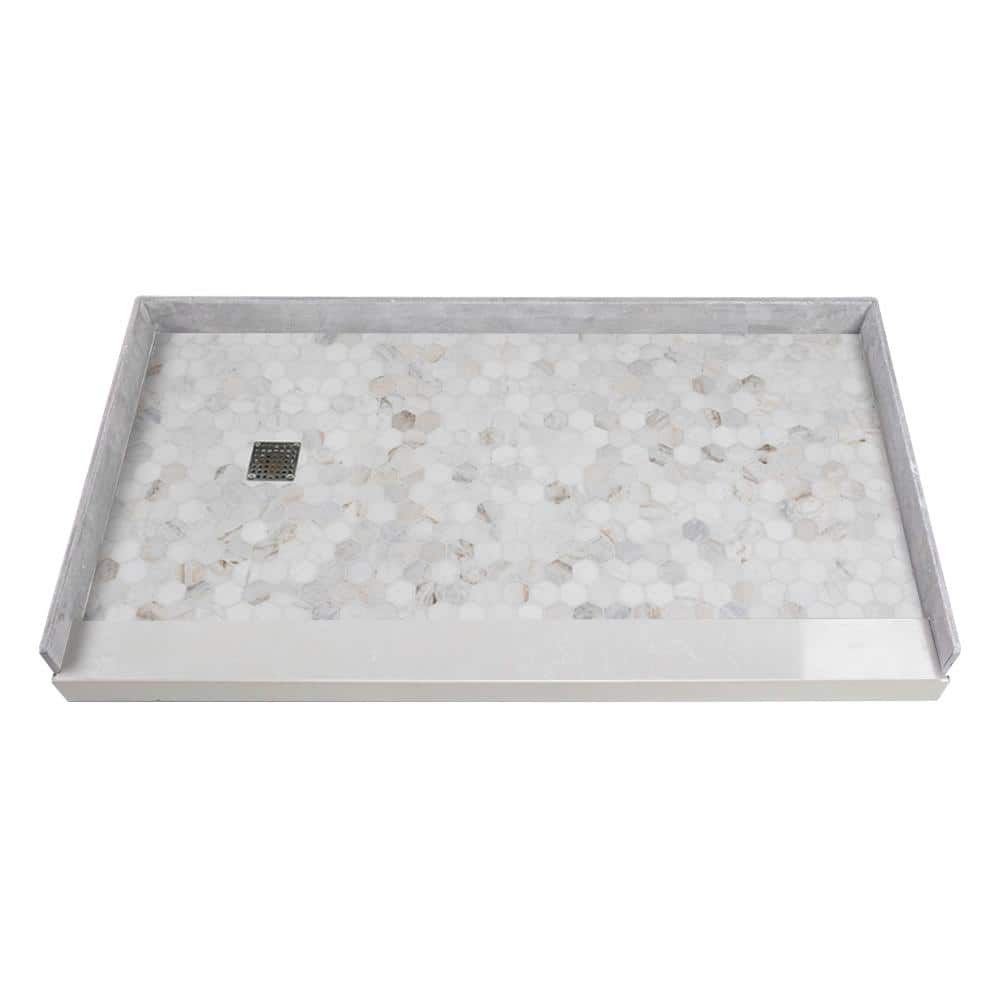 Off-White Hexagon Pre-Tiled Rectangular Shower Base with Left Drain