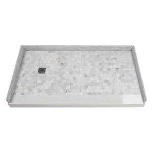 Pre-Tiled 60 in. L x 32 in. W Alcove Shower Pan Base with Left-Hand Drain in Off-White Hexagon