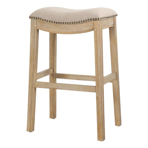 NewRidge Home Goods Saddle 31 in. Natural Backless Wood Bar Stool with Upholstered Cream Seat, 1-Stool