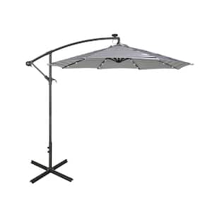 Bayshore 10 ft. Outdoor Patio Crank Lift LED Solar Powered Offset Cantilever Umbrella with Cross Base in Black White