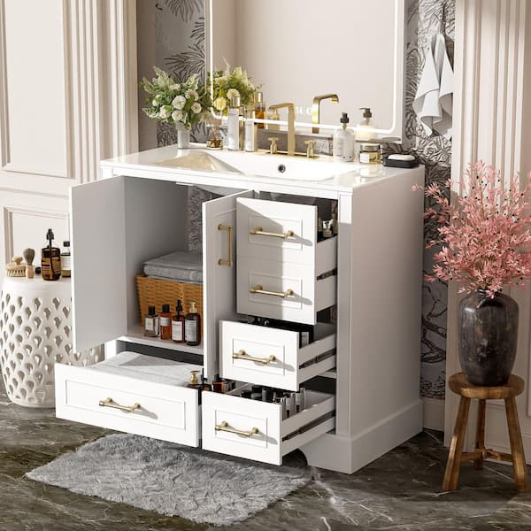 36 in. Single Sink Freestanding White Bath Vanity with White Ceramic Top and 4 Drawer Storage Cabinet Unassembled