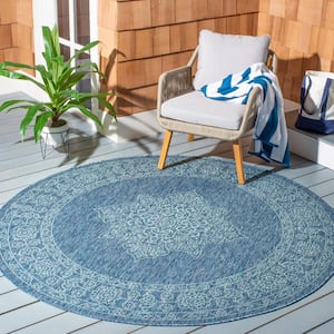 Courtyard Navy/Ivory 7 ft. x 7 ft. Round Medallion Indoor/Outdoor Patio  Area Rug