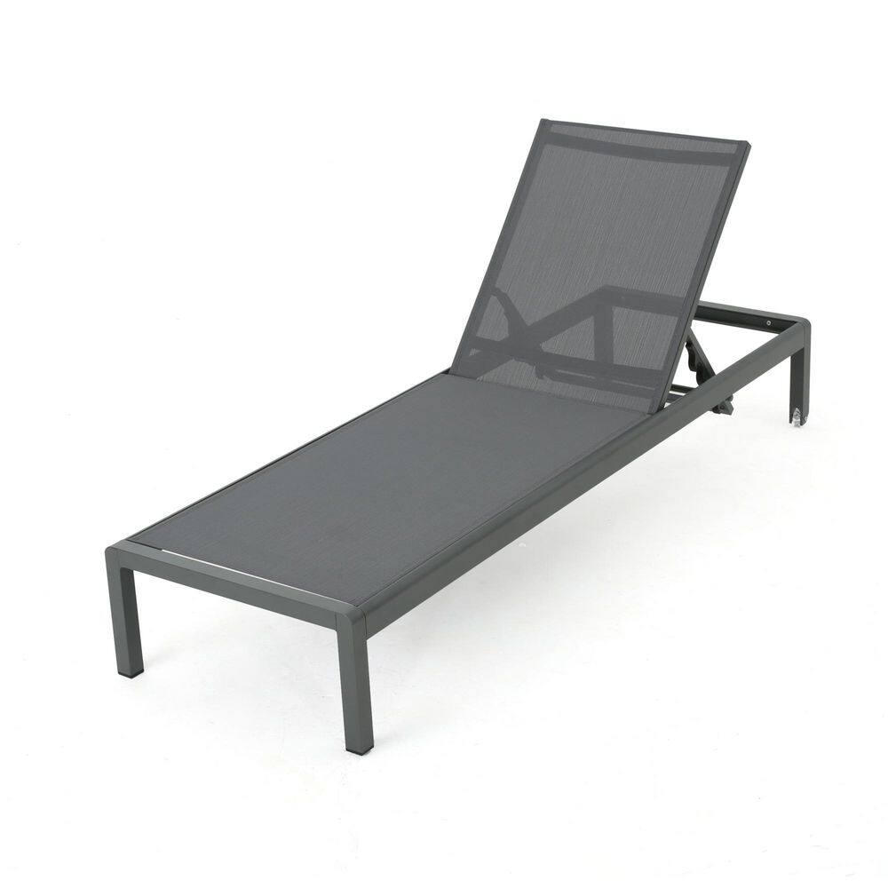 Gray metal outdoor chaise lounge on a plain white background.