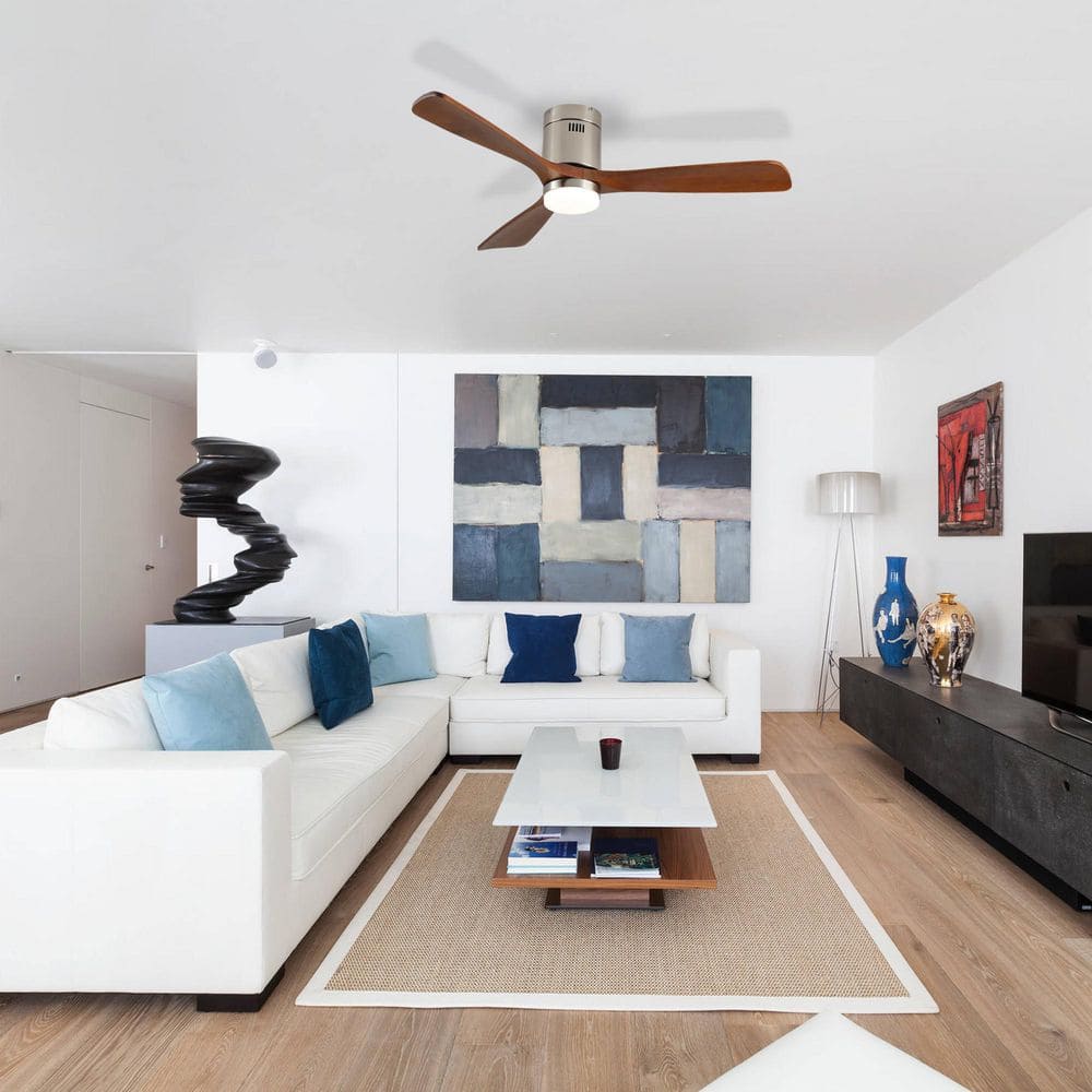 52 in. Indoor Nickel Flush Mount Standard Ceiling Fan with 3 Walnut Solid Wood Blades, Noiseless DC Motor and Remote price history on PriceWatchPro