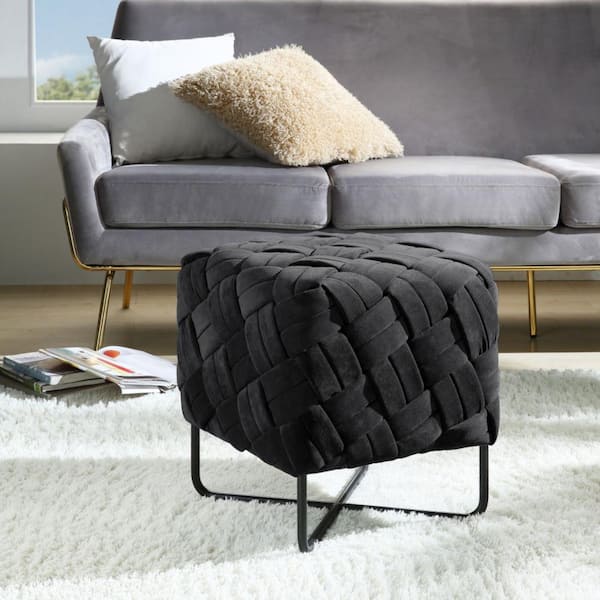 HomeRoots Black Velvet Square Cube 17L x 17W x 17.3H Ottoman