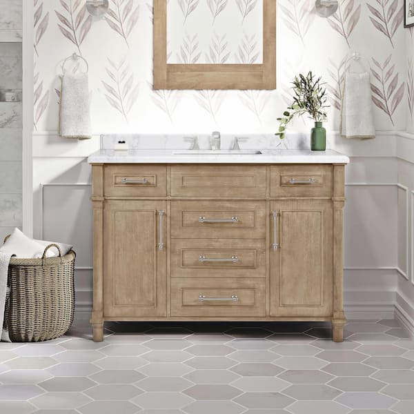Home Decorators Collection Aberdeen 48 in. Single Sink Freestanding Antique Oak Bath Vanity with Carrara Marble Top (Assembled)