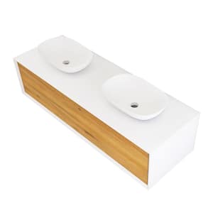 63 in. W x 21.7 in. D x 15.7 in. H Wall Mounted Bath Vanity in F.Oak with White Solid Surface Top