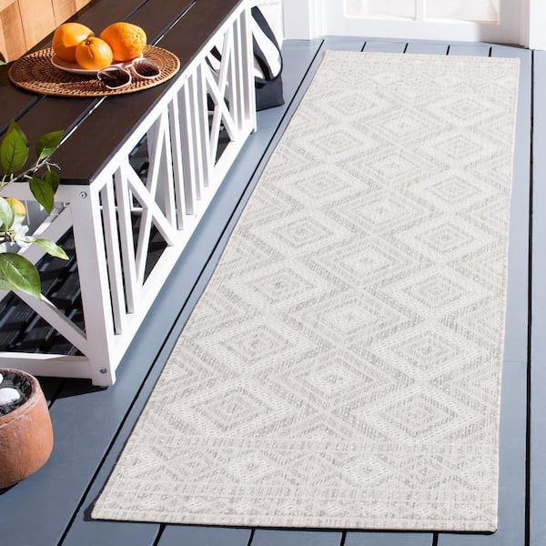 Courtyard Ivory/Light Gray 2 ft. x 8 ft. Border Diamond Indoor/Outdoor Runner Rug