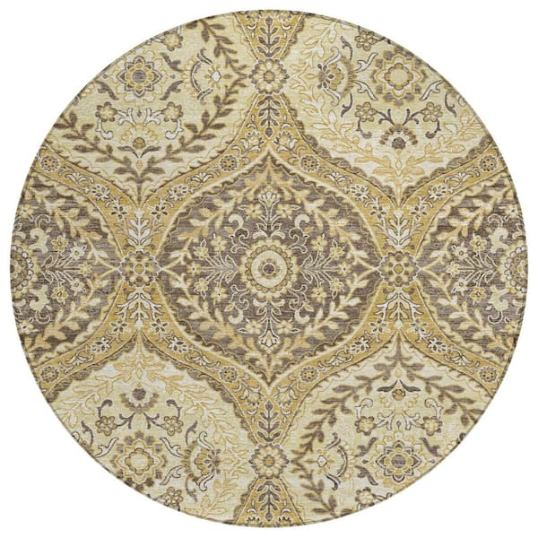 Chantille Machine Washable Indoor/Outdoor Abstract ACN2698 Gold 8 ft. x 8 ft. Round Rug