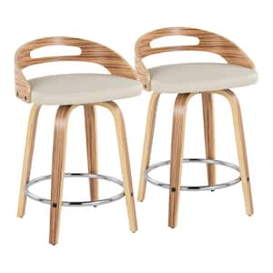 Cassis 24 in. Cream Faux Leather, Zebra Wood and Chrome Metal Fixed-Height Counter Stool (Set of 2)