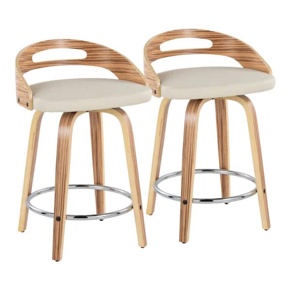 Lumisource Cassis 24 in. Cream Faux Leather, Zebra Wood and Chrome Metal Fixed-Height Counter Stool (Set of 2)