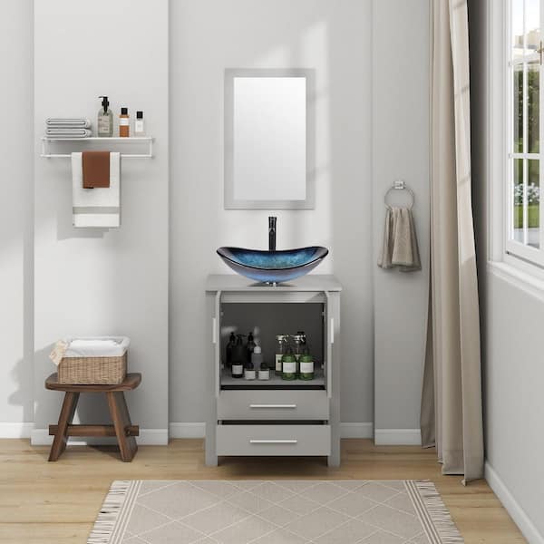 24 in. W x 20 in. D x 32 in. H Single Sink Gray Bath Vanity with Blue Solid Surface Top Sink and Mirror