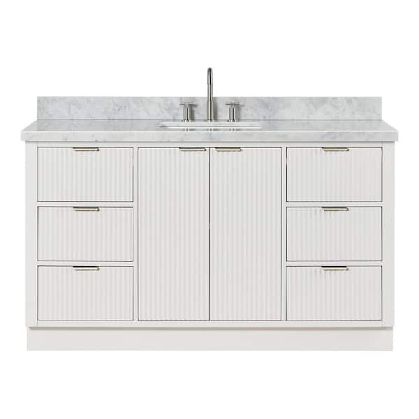 Milan 61 in. W x 21.5 in. D x 36 in. H Single Sink Bath Vanity in Warm White with Italian Carrara Marble Top