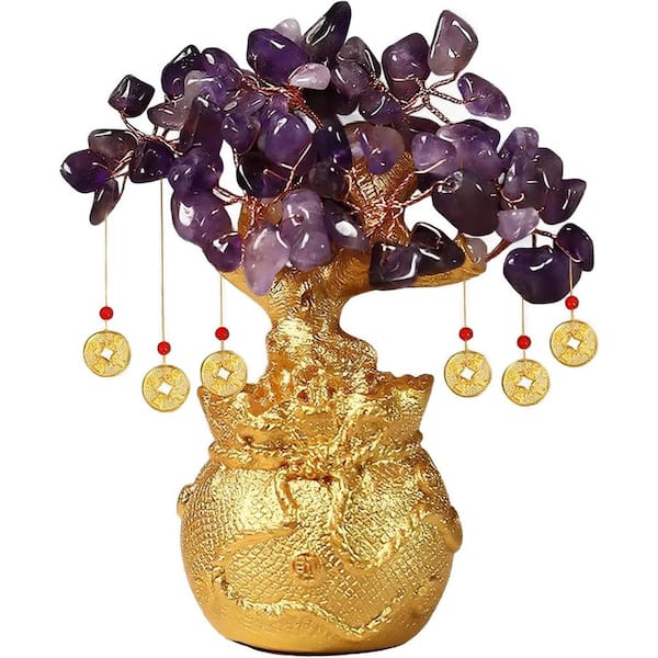 Artificial Amethyst Crystal Money Tree in Golden Bag Feng Shui Wisdom  Purification Gemstone Home Office Decor 59B1124C2070 - The Home Depot