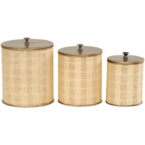Beige Handmade Paper Woven Decorative Jars with Bronze Metal Lids (Set of 3)