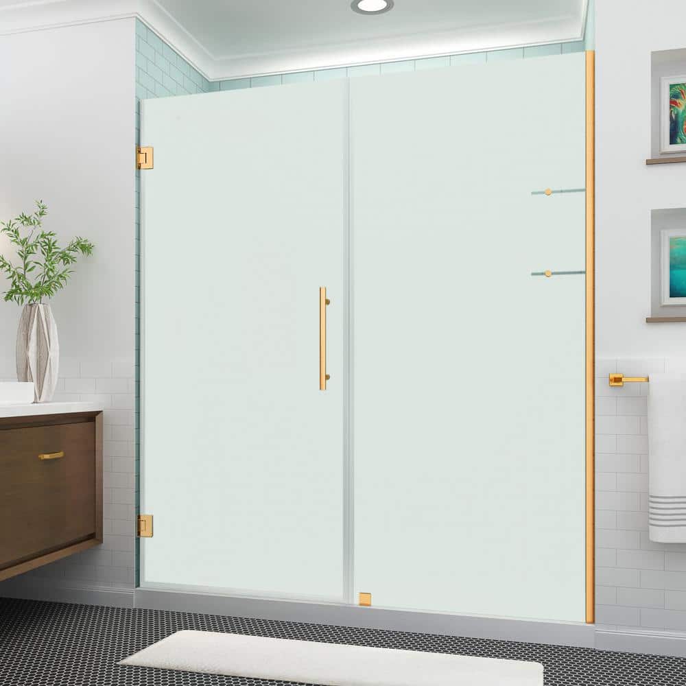 BelmoreGS 70.25 in.- 71.25 in. W x 72 in. H Frameless Hinged Shower Door Frosted Glass and Glass Shelves in Brushed Gold price history on PriceWatchPro