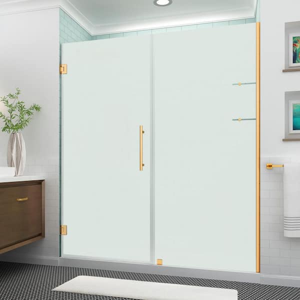 Aston BelmoreGS 70.25 in.- 71.25 in. W x 72 in. H Frameless Hinged Shower Door Frosted Glass and Glass Shelves in Brushed Gold