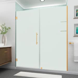 BelmoreGS 71.25 in.- 72.25 in. W x 72 in. H Frameless Hinged Shower Door Frosted Glass and Glass Shelves in Brushed Gold