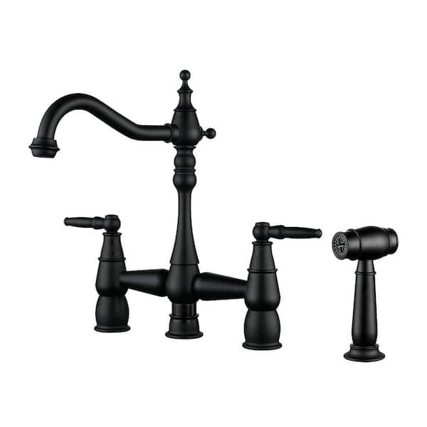 4 Hole Double Handle Bridge Kitchen Faucet with Side Sprayer Deck Mount in Matte Black