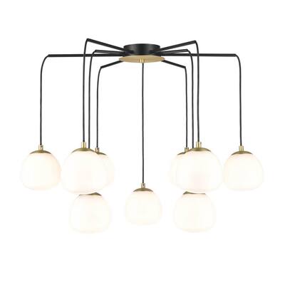 Odin 29.5 in. 9-Light Black/Brass/White Flush Mount with Glass Shades