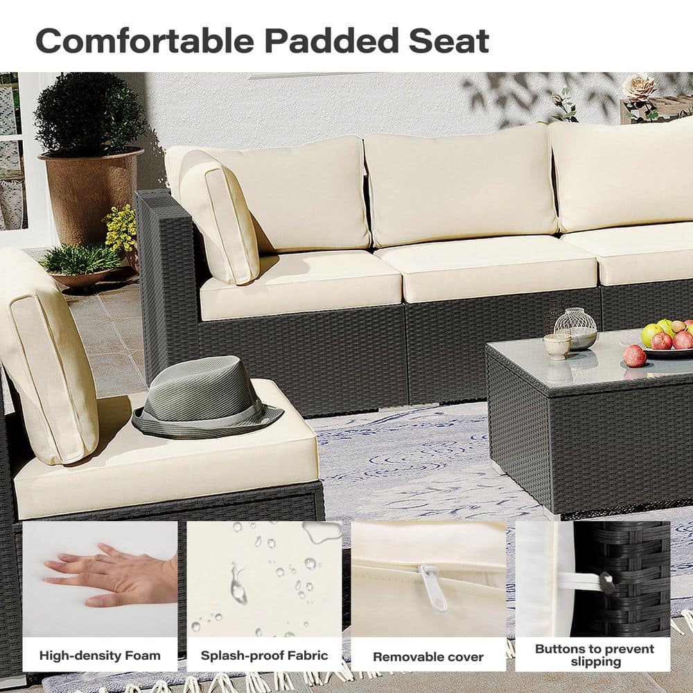 7-Piece Black Steel Outdoor Sectional Set with Blue Cushions
