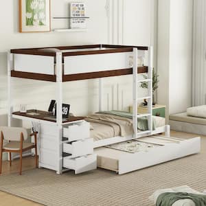 Twin-over-Twin Bunk Bed with Twin size Trundle, Storage and Desk, White+Walnut