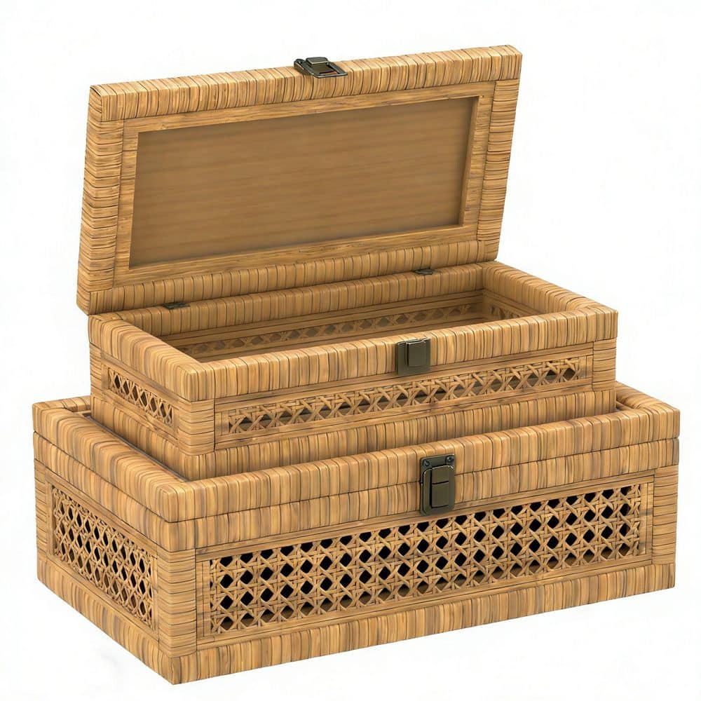 Natural Brown Boho Rattan Decorative Storage Boxes with Lids Set of 2 ...