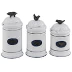 Large Round Blue, Black and White Metal Jars with Farm Animal Lids and Escutcheons (Set of 3)