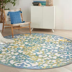 Aloha Ivory Blue 8 ft. x 8 ft. Round Floral Contemporary Indoor/Outdoor Patio Area Rug