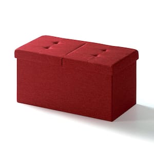 30 in. Ruby Red Smart Lift Top Button Tufted Fabric Collapsible Storage Ottoman