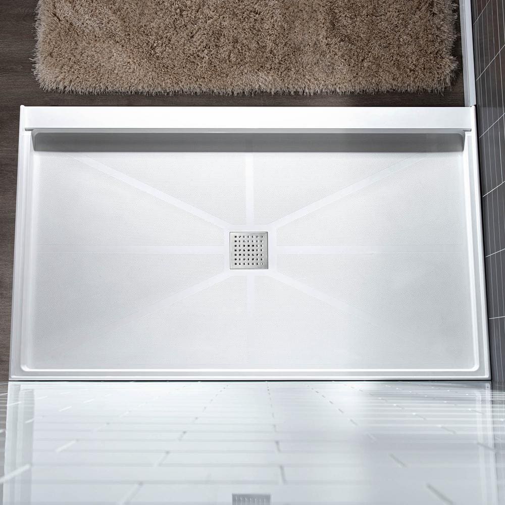 60" x 36" White Rectangular Shower Pan with Brushed Nickel Drain