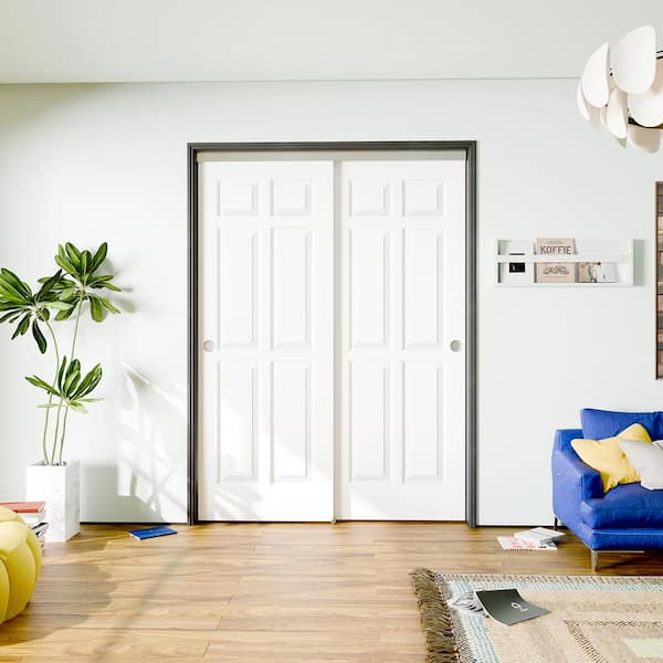 60 in. x 80 in. (Double 30 in.) 6-Panel MDF Wood, White Primed, Pre-Finished Interior Door Slab with Bypass Hardware