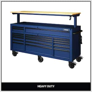 Tool Storage 72 in. W Heavy Duty Matte Blue Mobile Workbench Cabinet Adjustable Height Solid Wood Top