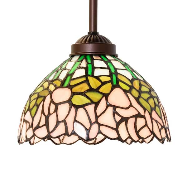 Cabbage Rose 60-Watt 1 Light Mahogany Bronze Shaded Mini Pendant Light with Stained Glass Shade, No Bulbs Included