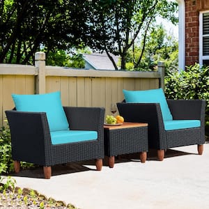 3-Pieces Patio Rattan Conversation Furniture Set Yard Outdoor with Turquoise Cushions
