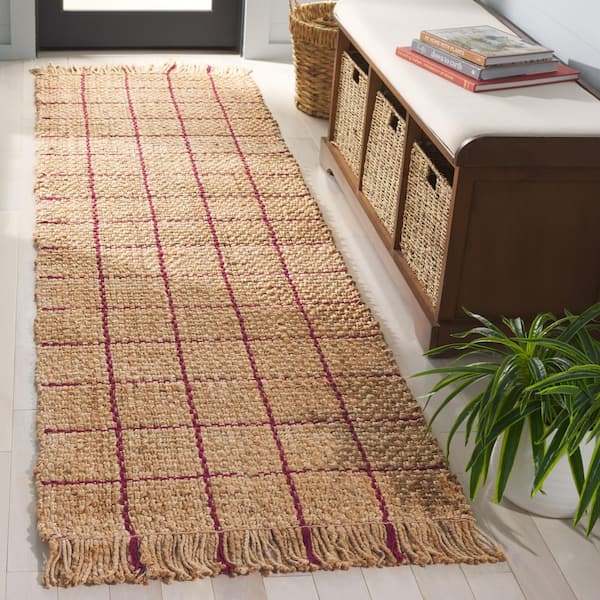 Natural Fiber 2 ft. x 8 ft. Natural/Wine Geometric Runner Rug