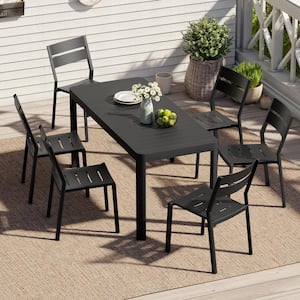 Black 7-Piece Aluminum Outdoor Dining Set with 63.8 in. Extension and Stackable Chair