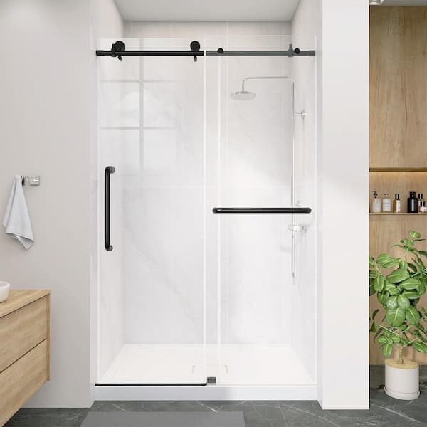 44-48 in. W x 75 in. H Single Sliding Frameless Shower Door in Matte Black with 1/4 in. Thickness Tempered Clear Glass