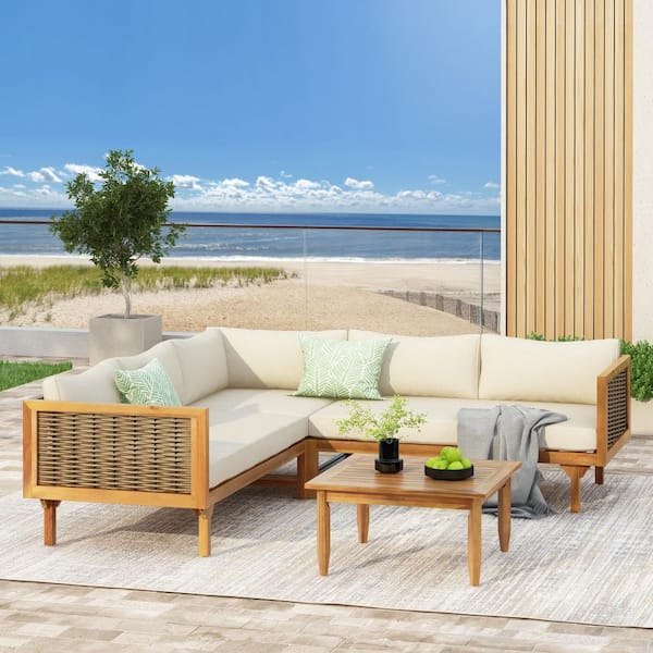 4-Piece Acacia Wood Outdoor Sectional Seating Set with Beige Cushions, Patio Furniture Set for Backyard, Garden, Teak