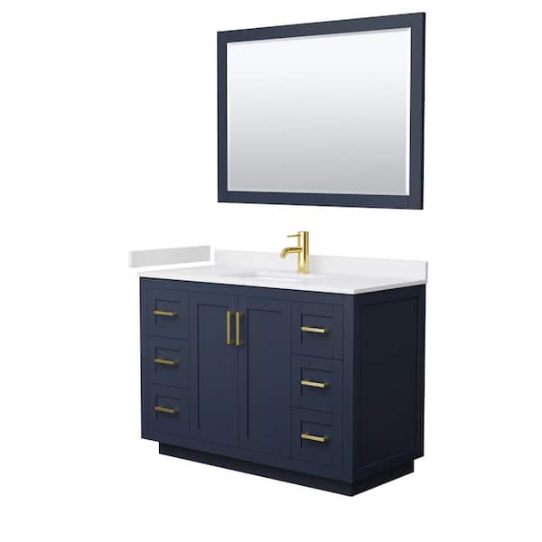 Wyndham Collection Miranda 48 in. W Single Bath Vanity in Dark Blue with Cultured Marble Vanity Top in White with White Basin and Mirror