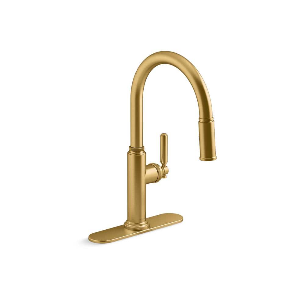 Revolv Single Handle Pull Down Sprayer Kitchen Faucet in Vibrant Brushed Moderne Brass
