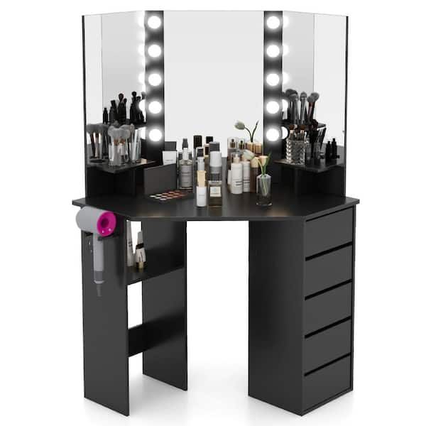 1-Piece Black Corner Makeup Vanity Desk Cosmetic Vanity Station with LED Mirror and Power Outlets