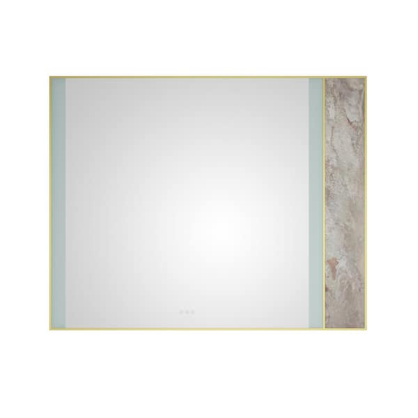 ANGELES HOME 60 in. W x 48 in. H Large Rectangular Stainless Steel Framed Stone Dimmable Wall Bathroom Vanity Mirror in Gold Frame