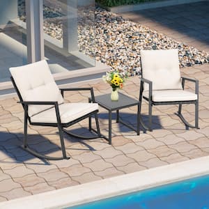 3-Piece Wicker Patio Conversation Set Bistro Furniture Set 2 Rocking Chairs, Glass Side Table with Beige Cushions