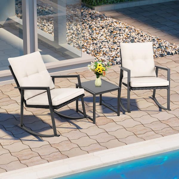 Celebalcony 3-Piece Wicker Patio Conversation Set Bistro Furniture Set 2 Rocking Chairs, Glass Side Table with Beige Cushions