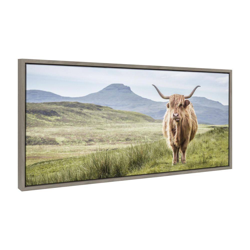 Highland Cow Mountain Landscape Canvas Art with Gray Frame